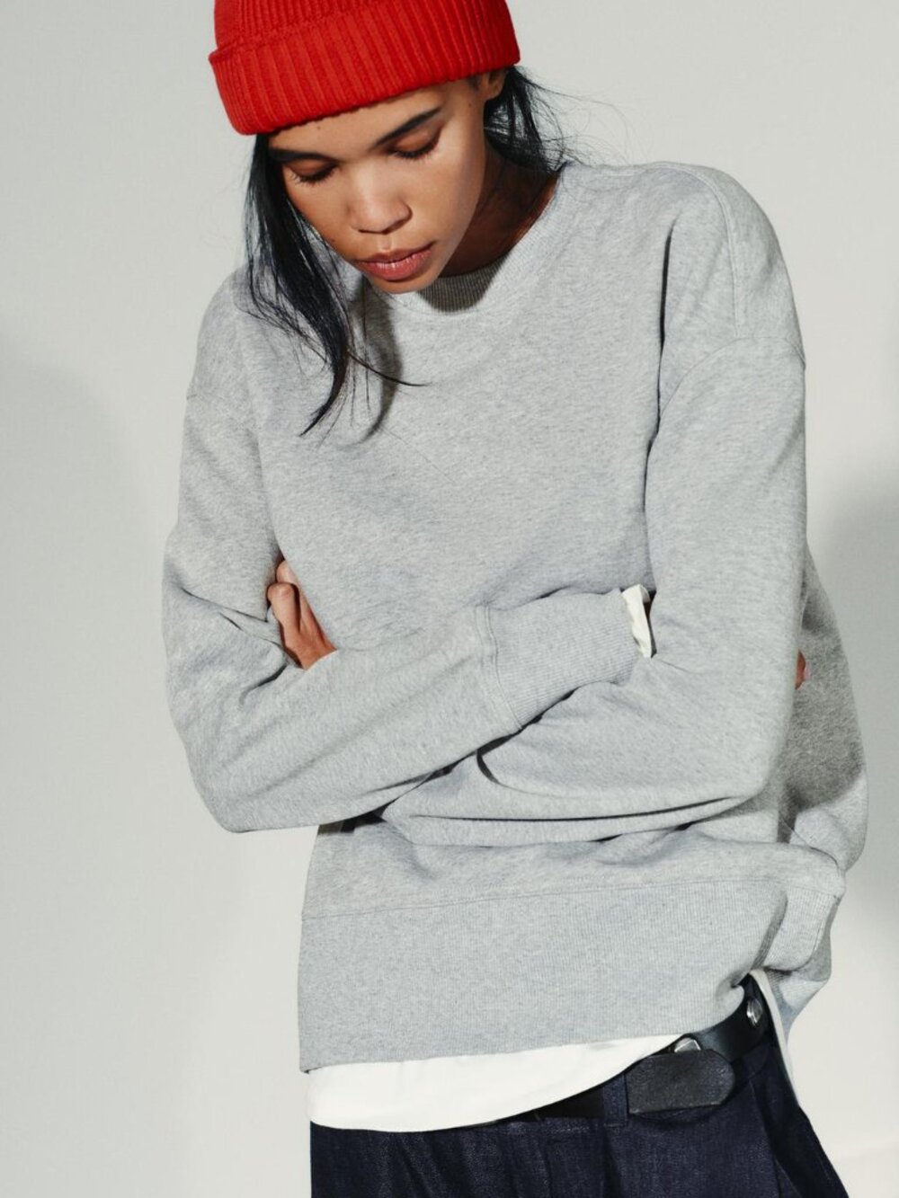 NWT Zara Women's Grey Marl Mixed-fabric Sweatshirt Sweater Cotton New Size Small